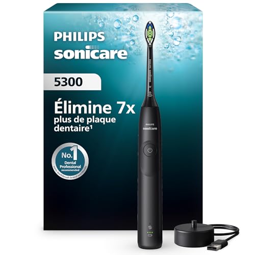 Philips Sonicare 5300 - Brosse à dents électrique sonique avec 2 niveaux d'intensité, Alerte de pression, EasyStart, SmarTimer et BrushPacer, Noir, modèle...