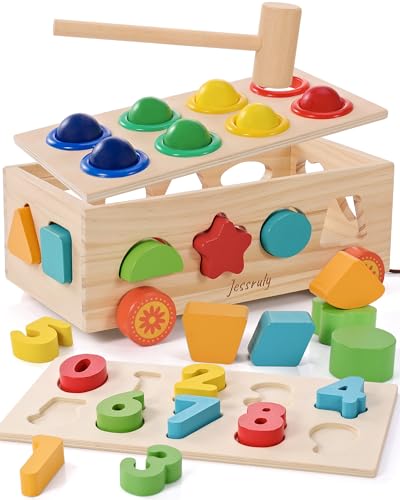 Image of Jessruly Shape Sorter - Wooden Pound A Ball and Montessori Number Puzzle Set for Babies - Educational Sorting Game with Storage Car for Toddlers