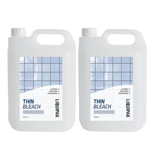 Liquipak Thin Bleach 2x5L Household bleach multipack for cleaning toilets sinks drains & floors. Effective for bleaching & deodorising surfaces.