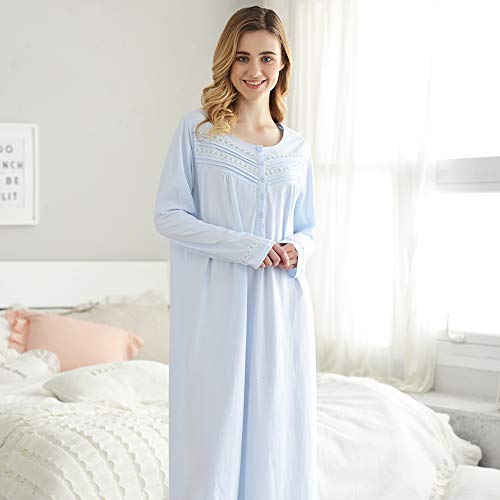 Keyocean Nightgown for Women, 100% Cotton Long Sleeves Lightweight Comfy Ladies Sleeping-Gown, Light Blue, Large