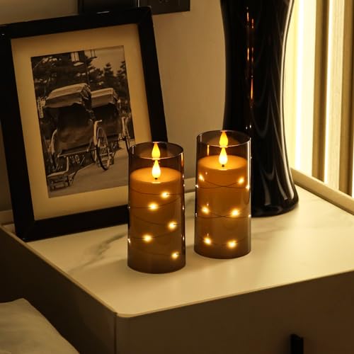 Image of Aignis Flickering Flameless Candles Battery Operated Candles LED Candles with Remote Timer for Home /Wedding /Birthday /Holiday Decor ，Grey 3D Flame Set of 2 (D3 xH6 6 inch)