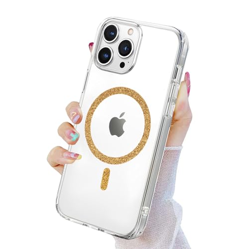 Image of AIBEX Back Cover Case Compatible with iPhone 13 Pro | Glitter Ring Cute Shiny Colorful Bling Case (Compatible with Magsafe) | Transparent PC+TPU Glossy Shiny Cover for Girls & Women - Gold