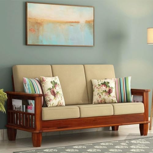 Image of Sheesham Wood 2 Seater Sofa for Living Room Home || Solid Wood 2-Person Sofas Without Small Cushion Furniture for Guest Room Office (Teak Finish)