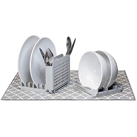 Compact Collapsible Dish Drying Rack and Ultra Absorbent Microfiber Mat. Drain and Air Dry 5 Plates, 2 Bowls and Silverware Without Dripping on Counters or Taking Up Lots of Space (Light Gray) Cover