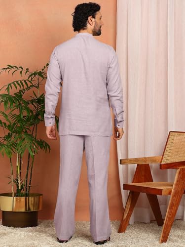 Image of See Designs Men's Full Sleeve Mandarin Collar Linen Solid Pathani Set