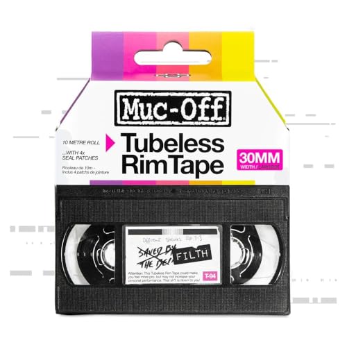 Muc Off Tubeless Rim Tape - Pressure-Sensitive Semi-Transparent Rim Tape for Tubeless Bike Tyre Setups - Extreme Strength and Durability - 10m Roll with 4 Seal Patches - 30mm