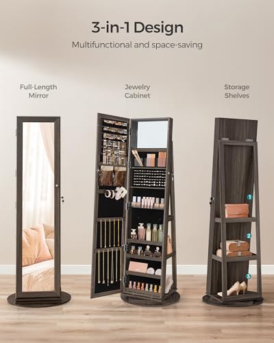 SONGMICS 360° Swivel Jewelry Cabinet, Lockable Jewelry Organizer with Full-Length Mirror, Rear Storage Shelves, Interior Mirror, Jewelry Armoire, Gift Idea, Ash Brown UJJC006K02