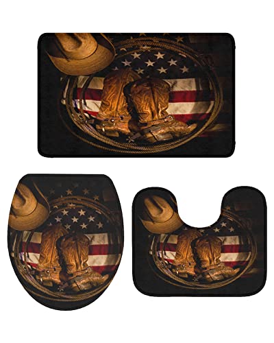 T&H Home - Juego de alfombras de baño de 3 piezas para baño, tapete occidental de Estados Unidos, sombrero de vaquero con botas, cuerda en la bandera estadounidense, alfombrilla de ducha ultrasuave,