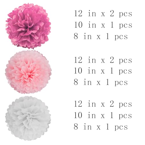 Image of YESON Pink Paper Pom Poms. Tissue Paper Flowers. Hanging Paper Flowers Decorations. Pack of 12. For Wedding, Birthday, Party Decor. 12 inch, 10 inch, 8 inch.