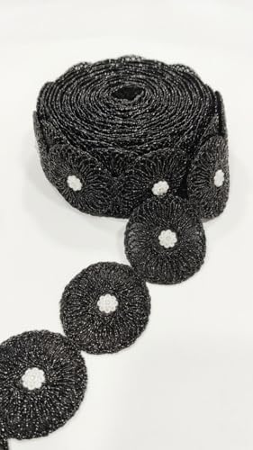 Image of Balar Creation Diamond Stone Moti Work Black Lace Zari Border (6 cm Wide, 9 Meter Roll) - Embroidery Cutwork Trim Ribbon for Saree, Blouse, Lehenga, Dupatta, and Sewing Crafts (Black)