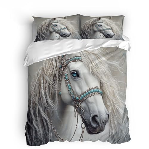 Juego de ropa de cama de 155 x 220 cm, diseño de caballo, diseño de caballo, color blanco, funda nórdica de 3 piezas, microbisel lujoso y moderno con cremallera y 2 fundas de almohada de 80 x 80 cm