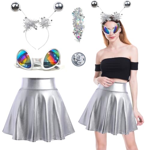 Alien Kostüm Damen, Alien Kostüm Space Girl Kostüm Damen Weltall Kostüm Damen, Karneval Zubehör Damen Set Silberner Mini Rock Alien Haarreif...