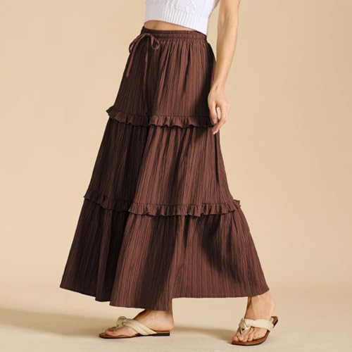Lmdudan 2025 Women's Boho Tiered Maxi Skirt Elastic High Wasited Flowy Ruffle Skirts Beach Vacation Summer Long Skirt4