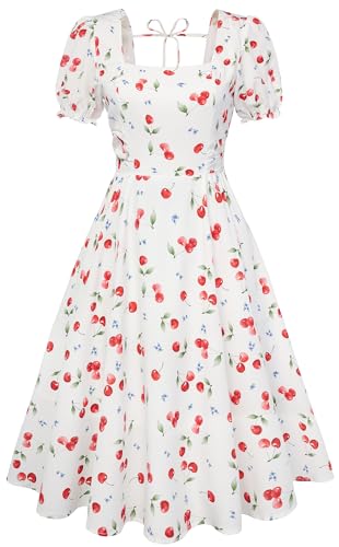 Image of Belle Poque Women's Vintage Midi Cottagecore Cocktail Dresses | Belle Poque Women's Vintage Cottage Core Dress,A-line,Midi,Square Neck,Homecoming Dress,Cocktail Dress,Sun Dress