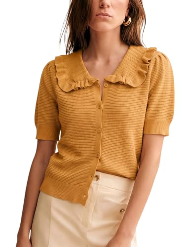 Image of Watashi Womens Ruffle Collar Puff Short Sleeve Cardigan Knit Crop Top | Peter Pan Collar Crochet Knitted Summer Fall Casual Work Wear Sweater