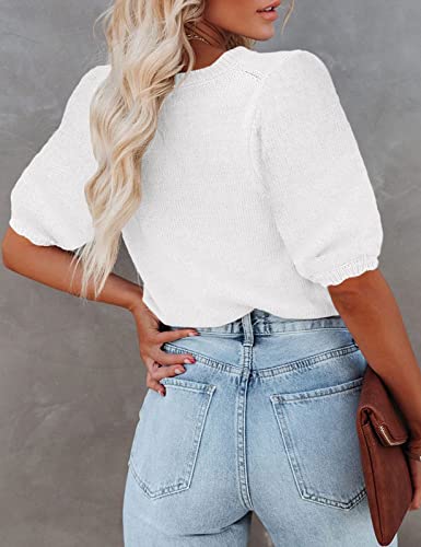 Image of Womens Short Sleeve Sweaters Crewneck Knit Pullover Tops 2025 Summer Casual Lightweight Crochet Blouse Shirt