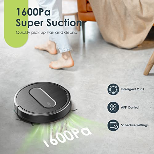 Robot Vacuum And Mop Combo, 3 In 1 Mopping Robotic Vacuum With Schedule, App/2.4Ghz Wi-Fi/Alexa, 1600Pa Max Suction, Self-Charging Robot Vacuum Cleaner, Slim, Ideal For Hard Floor, Pet Hair, Carpet #TOP2