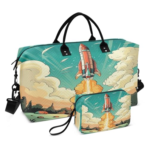 Cartoon Rocket Flying Sports Swim Gym Bag Weekender Duffel Travel Bags Handbag with Makeup Storage Bag for Girls Men