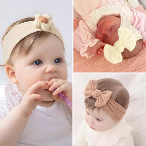 Image of 4 Pcs Baby Flower Headbands Nylon Head Bands Soft Elastics Stretchy Cute Warm Hairbands Hair Bow Accessories for Girls Newborn Infant Toddler Kids Baby Essential Products Handmade 4 Set