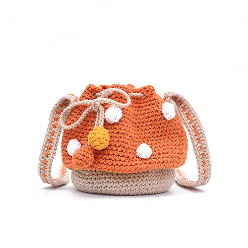 Handmade Knitted Purse Wool Knitted Mushroom Shoulder Bag for Women Crossbody Bucket Bag with Drawstring