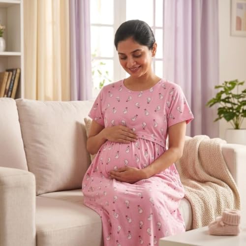 Image of Zero Clothing Feeding Dress for New Moms Casual Loungewear Ankle Length | Cotton Maternity Nighty | Zipless Feeding Dresses for Women | Pregnancy & Nursing Wear