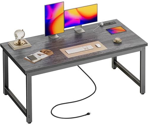 Image of Huuger 55 x 24 inch Desk with Power Outlets & USB-C, Deeper & Thicker Desktop, Robust Metal Tubes, Computer Desk, Heavy Duty Office Desk, Work Gaming Desk for Home Office, Grey