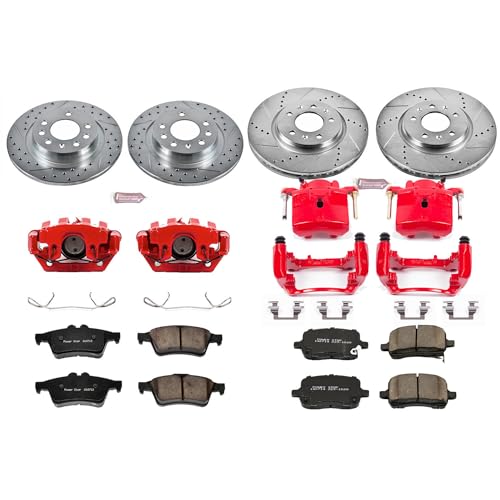 Image of PowerStop Front and Rear Brake & Caliper Kit for Pontiac Solstice 2006-09 | Saturn Sky 2007-10 - Carbon-Fiber Ceramic Brake Pads + Drilled & Slotted Rotors + Red Powder Coated Calipers, KC1434