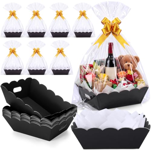 Image of Fuyoooo 8 Pack Black Baskets for Gifts Empty to Fill, Sturdy 10 inch x 12 inch Scalloped Edged Empty Gift Basket Kit Bulk with Handles, 8 Wrap Bags, 16 Tissue Paper and 8 Bows for Wedding Party