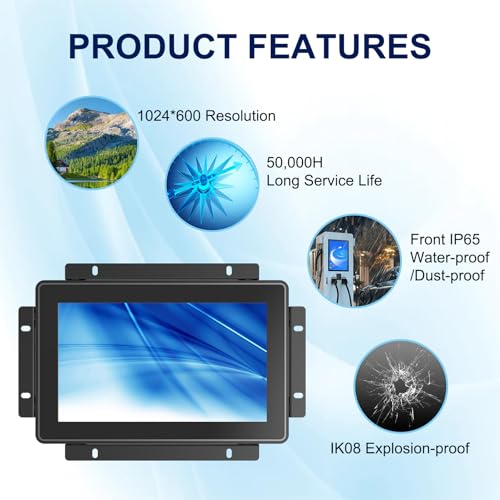 Image of IP65 Industrial Monitor 7 Inch Open Frame Touch Screen Monitor, 10-Point Capacitive Touch Display PCAP LCD Monitor, 1024x600 Metal Housing for HMI Control Panels