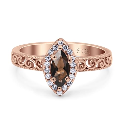 OMRANII Art Deco Marquise Natural Chocolate Smoky Quartz Halo Cubic Zirconia Filigree Band Classic Style Wedding Engagement Ring Solid 925 Sterling Silver Gift For Women