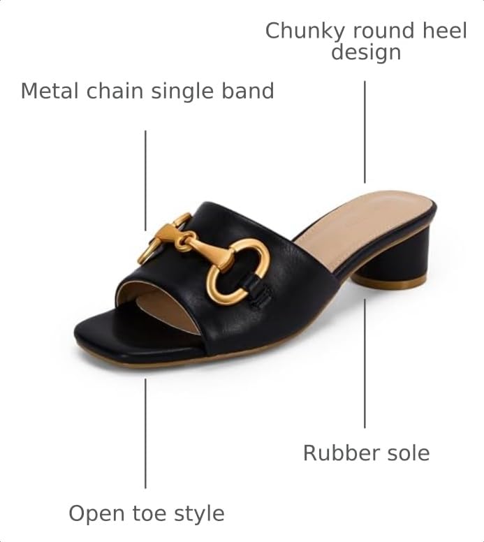 Image of Coutgo Womens Heeled Slides Sandals Square Open Toe Slip on Comfortable Kitten Block Low Heel Metal Chain Dressy Shoes