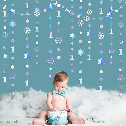 Image of 52Ft Winter Onederland Birthday Decorations Iridescent Snowflakes 1st Holographic Paper Snowflakes Garland Streamer for Winter Wonderland Christmas Frozen Snowflake First Birthday Party Supplies