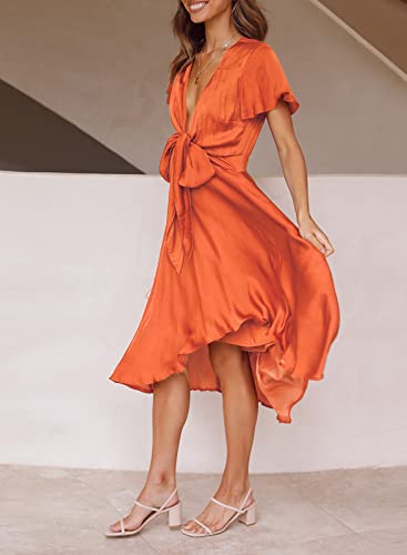 Image of miduo Womens Satin V Neck Ruffle Short Sleeve Tie Front High Waist Midi A-Line Maxi Dresses