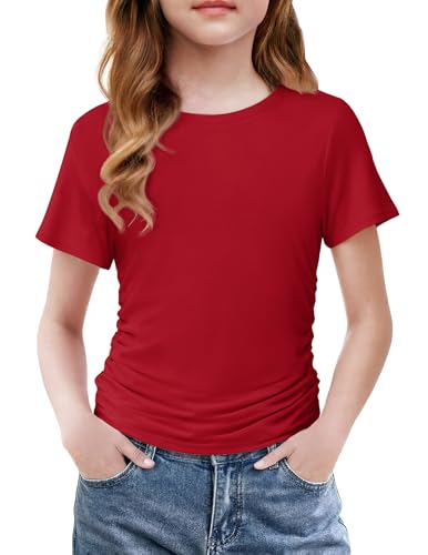 Arshiner Girls Short Sleeve Shirts Size 9-10 Shirts for Girls Side Ruched Crewneck Casual Red Lightweight Fitted Tops