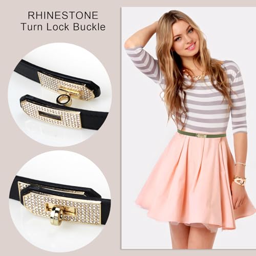 Women’s Stylish Rhinestone Gold Buckle Skinny Leather Belt Turn Lock Thin Waist Belts for Dresses Jeans Coats4