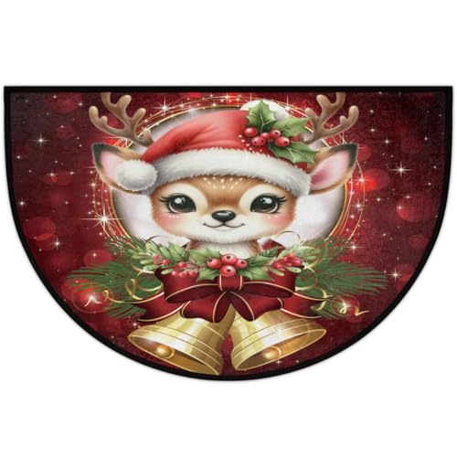 Image of cfpolar Christmas Deer Bells Holly Half Round Door Mat Outdoor Entrance Large 24 inchx36 inch Half Circle Welcome Entrance Way Mat Semi Circular Front Door Mat Area Rug for Garage, Patio, High Traffic Areas