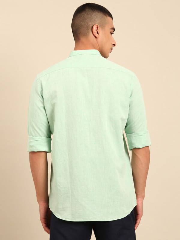 Image of Cavallo by Linen Club Men's Blended Linen Blue Solid Contemporary Fit Full Sleeve Casual Shirt