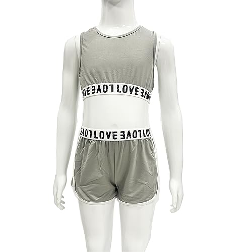 Image of TACKTIMES 2Pcs Girls Sleeveless Crop Top with Shorts Outfit Set for Athletic Leotard Dancing Swimming Gymnastics Dancewear