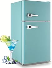 WANAI Small Refrigerator 3.5 Cu.Ft Retro Mini Fridge Freezer Two Doors Handles for Home Dorm College Office Freestanding Blue Refrigerator with LED Light and Galss Shelves