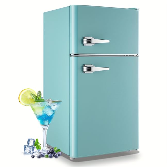 WANAI Small Refrigerator 3.5 Cu.Ft Retro Mini Fridge Freezer Two Doors Handles For Home Dorm College Office Freestanding Blue Refrigerator With LED Light And Galss Shelves on Fridge.com - View 1