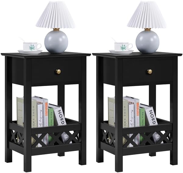 Tables de chevet 2pcs, tables de nuit avec 2 tiroirs noir et en ance