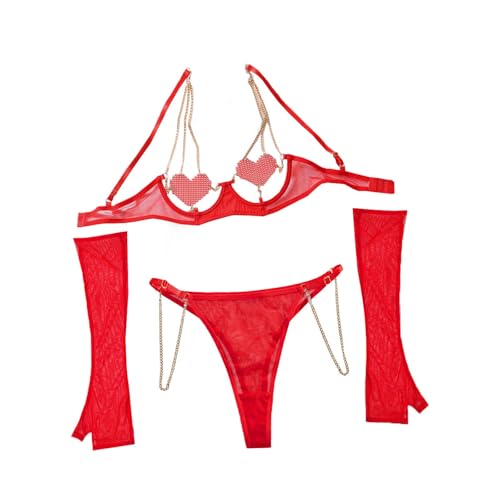 Women Sexy Rhinstone Sparkly Chain Lingerie Set No Underwire Bra and Thong Panty with Gloves Babydoll Boudoir Outfits Red