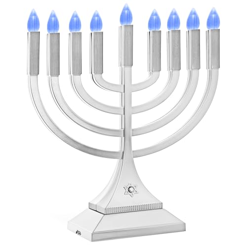 Zion Judaica 22,88 cm LED Hanukkah Menorá Prata Alimentado por Pilhas ou Cabo USB C de 9,5 m Incluíd