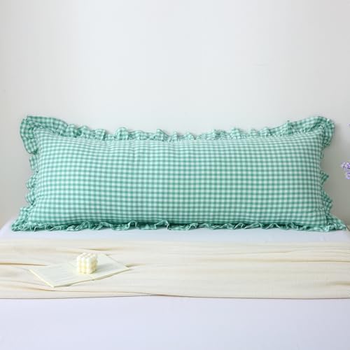 K MASANIJI Spa Blue White Gingham Ruffle Body Pillow Cover 20"x54"