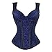 Kimring Women's Gothic Retro Jacquard Peasant Shoulder Straps Spiral Steel Boned Vest Bustiers Overbust Corset with Lightly Cup Blue Large