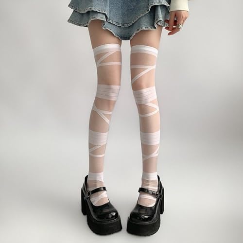 Image of Y2K Patterned Sheer Tights for Women Gothic Punk Thigh High Pantyhose Harajuku Lolita Bandage Fishnet Stockings