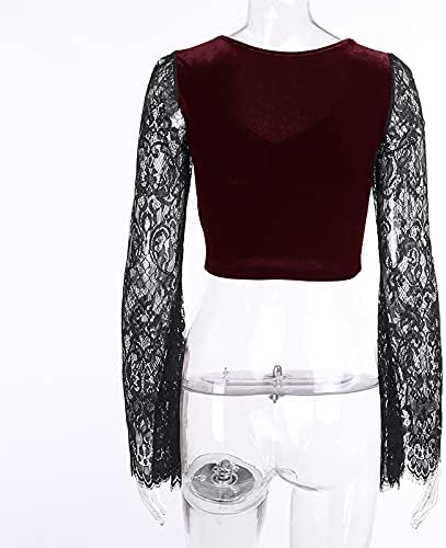 TSMNZMU Womens Gothic Crop Tops - Velvet Lace Long Sleeve V Neck Shirt - Dark Grunge Punk Style - Image 6