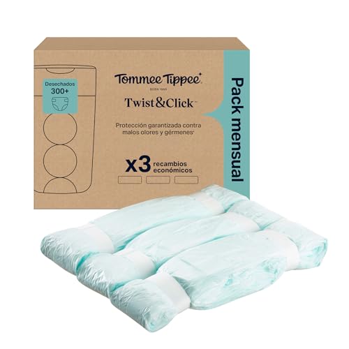Tommee Tippee Bolsas De Recambios Para Contenedor De Pañales Twist Click, Pack De 3 Láminas Multicapas Antibacterianas De 10,5 M Para Recambios Twist Click, 3 X 10,5 M