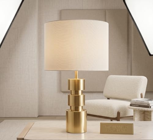 Image of Modern Gold Cylinder Table Lamp with Iridescent Glass Shade - Luxury Metallic Bedside Light for Living Room & Bedroom Decor
