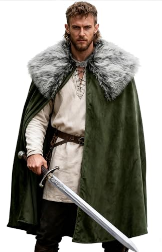 UQJE Green Medieval Fur Cloak Renaissance Cloak Vintage Viking Cape King Fur Cape